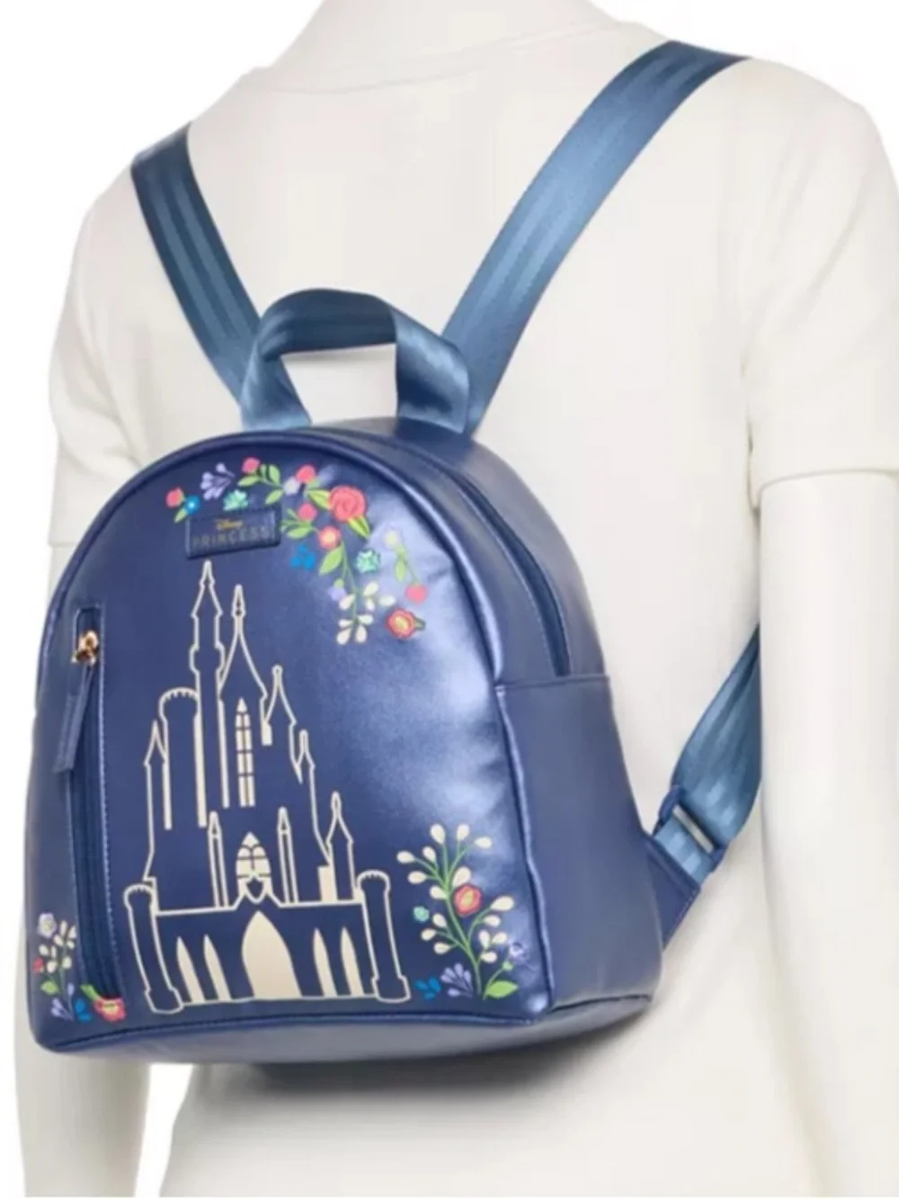 Disney Bioworld Shimmer Blue Princess Royal Castle Floral Mini Backpack